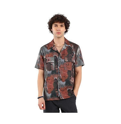 Campus Sutra Men's Chocolate Brown & Midnight Black Abstract Utility Oversized Shirt