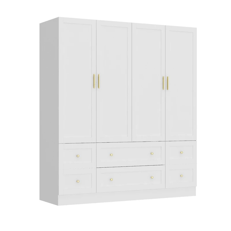 Simple white 4-door 6-drawer wardrobe with large capacity, bedroom Armoire, Closet