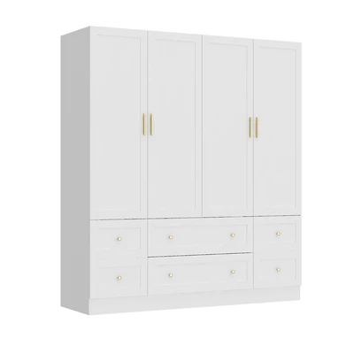Simple white 4-door 6-drawer wardrobe with large capacity, bedroom Armoire, Closet