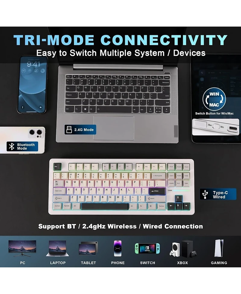 Yunzii YZ87 Gasket Mechanical Keyboard,Tkl Wireless Hot Swappable with 5-Layer Padding, BT5.0/2.4G/Usb-c Nkro Rgb Backlit for Win/Mac