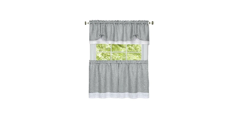 Kate Aurora Shabby Country Farmhouse Flax Styled Sheer Cafe 3 Piece Kitchen Curtain Tier & Valance Set - 24 in. Long - Gray