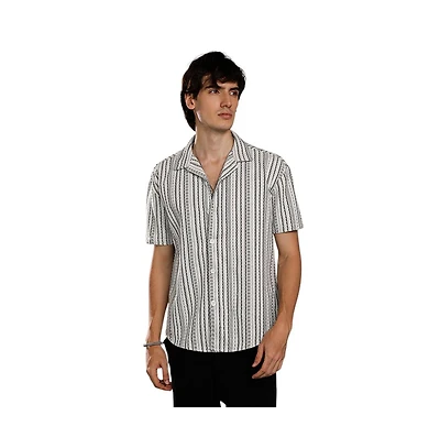 Campus Sutra Men's Off-White & Midnight Black Striped-Weave Oversized Shirt