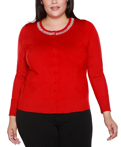 Belldini Plus Embellished Neckline Cardigan Sweater