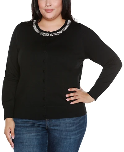 Belldini Plus Size Embellished Neckline Cardigan Sweater