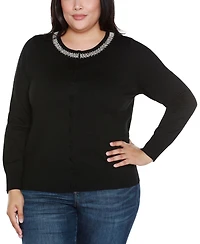 Belldini Plus Size Embellished Neckline Cardigan Sweater