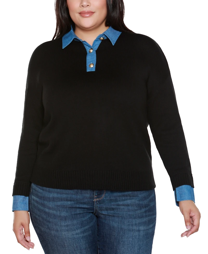 Belldini Plus Denim-Trim Two-Fer Sweater