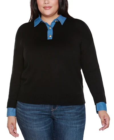 Belldini Plus Denim-Trim Two-Fer Sweater