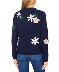 CeCe Women's Crewneck Flower Patterned Knit Long-Sleeve Sweater