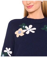 CeCe Women's Crewneck Flower Patterned Knit Long-Sleeve Sweater