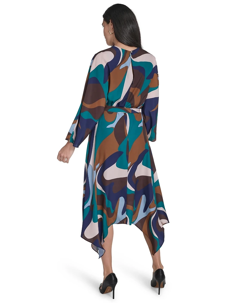 Jessica Howard Petite Crewneck Belted Handkerchief Hem Midi Dress
