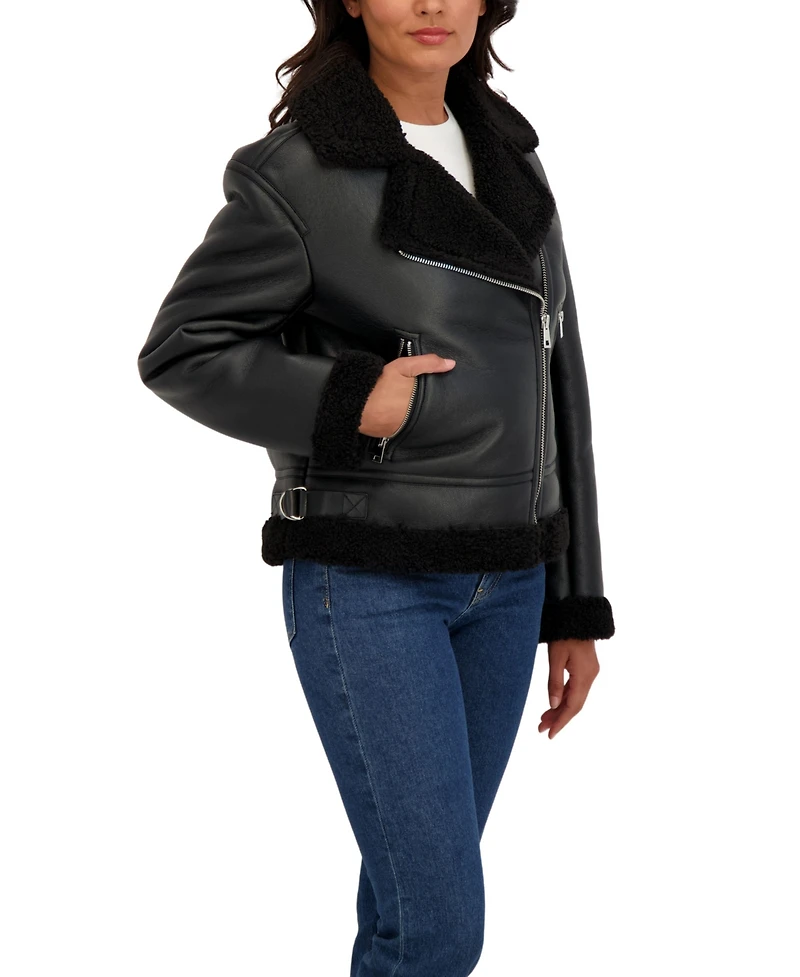 Sebby Collection Women's Assymetrical Moto Faux Shearling Jacket