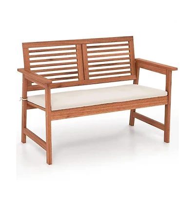 Slickblue Solid Wood Outdoor Patio Garden Bench with Slatted Back, Armrests, and Seat Cushion