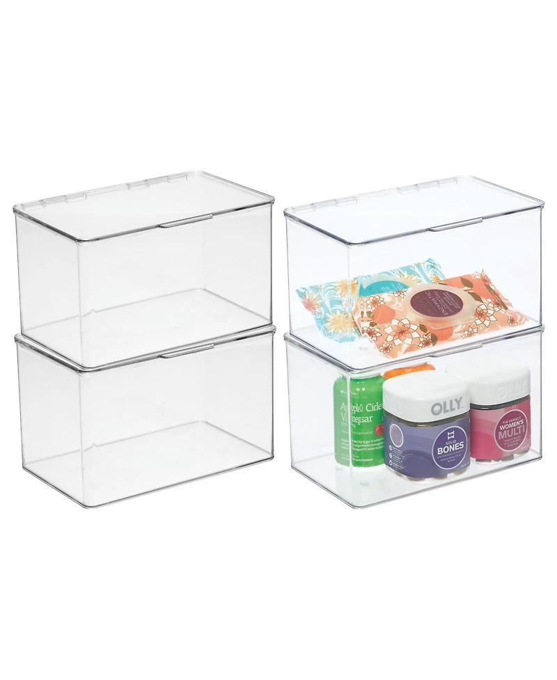 mDesign Plastic Bath Stacking Storage Organizer Box, Hinged Lid, 4 Pack, Clear, Usa Made