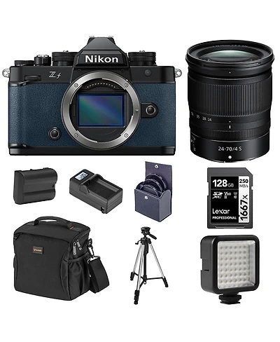 Nikon Z f Mirrorless Camera, Blue with Nikkor Z 24-70mm f/4 S Lens, Bundle with Battery, 128GB Memory Card, W49 Mini Led Light and Tripod