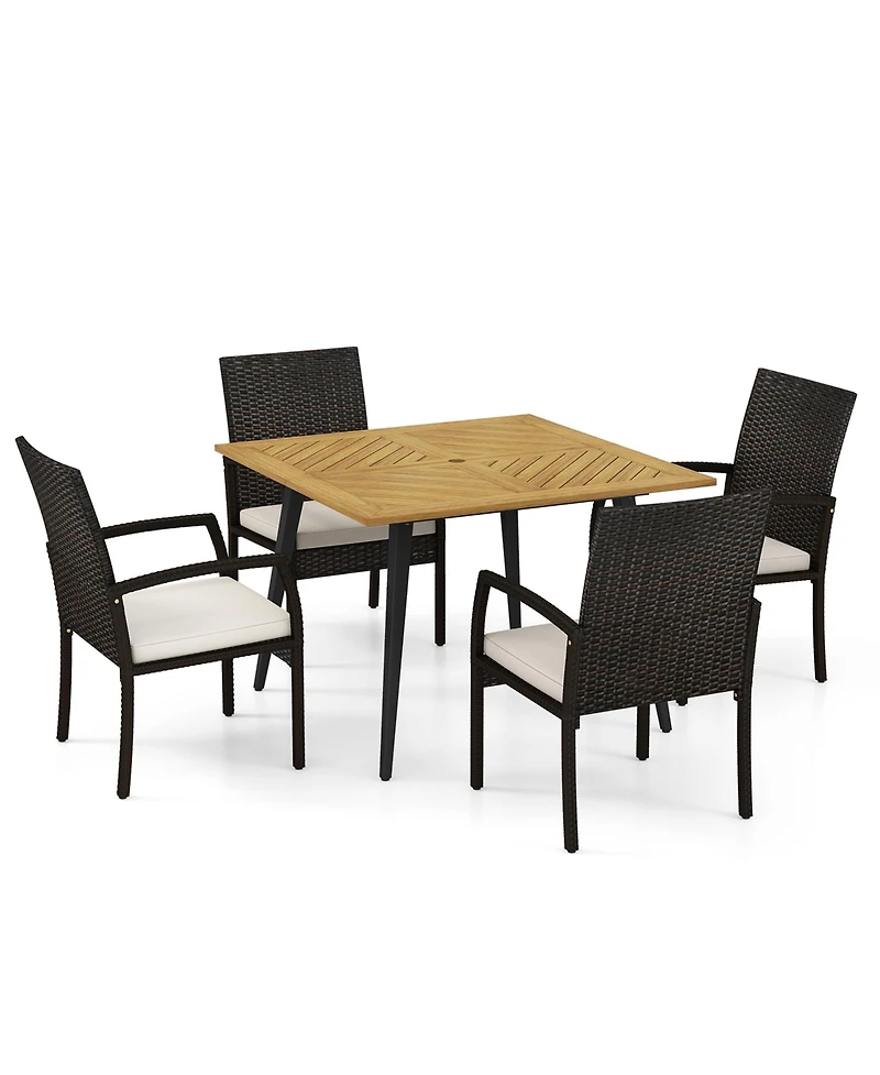 Gymax 5PCS Patio Pe Wicker Dining Set 42.5'' Table w/ 1.9'' Umbrella Hole Chairs