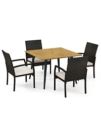 Gymax 5PCS Patio Pe Wicker Dining Set 42.5'' Table w/ 1.9'' Umbrella Hole Chairs