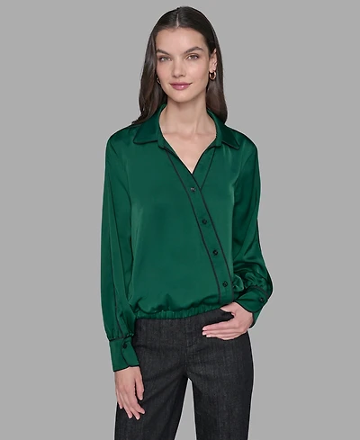 Karl Lagerfeld Paris Petite Crossover Woven Long Sleeve Blouse