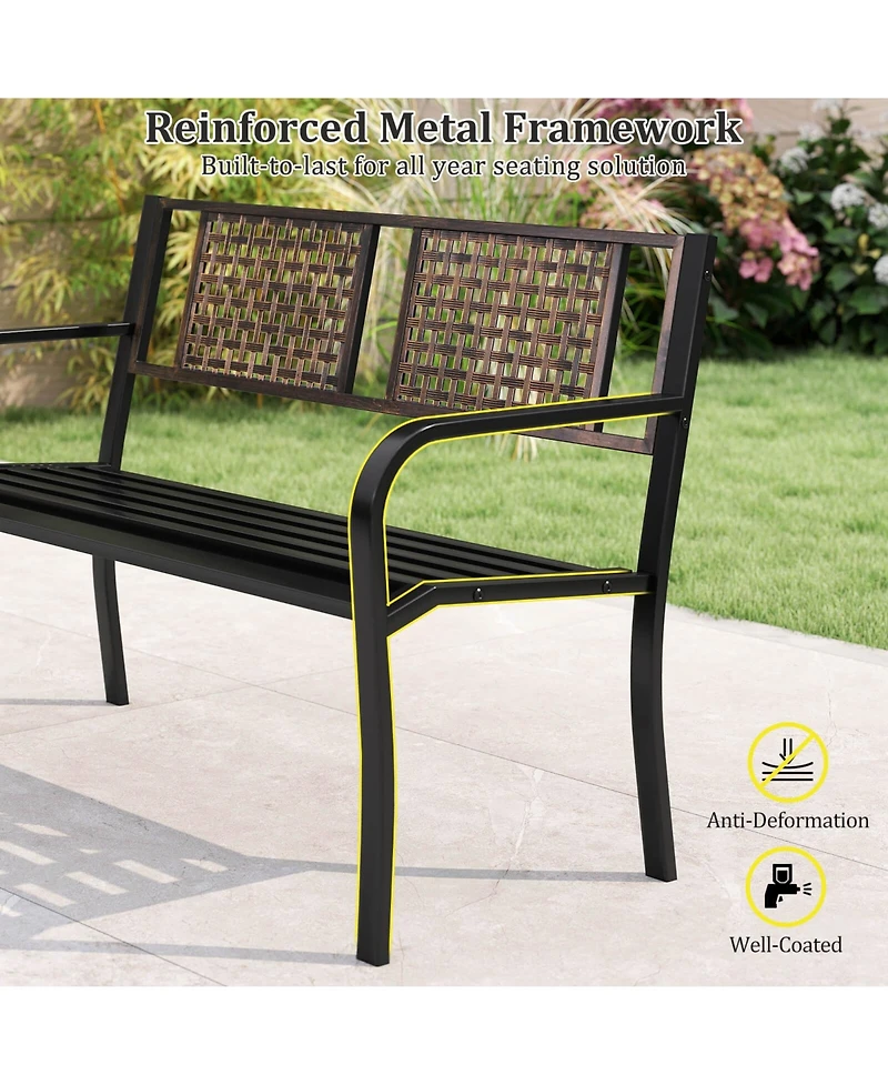 Costway 50" Outdoor Metal Park Bench with Rattan-Like Backrest & Curved Armrests