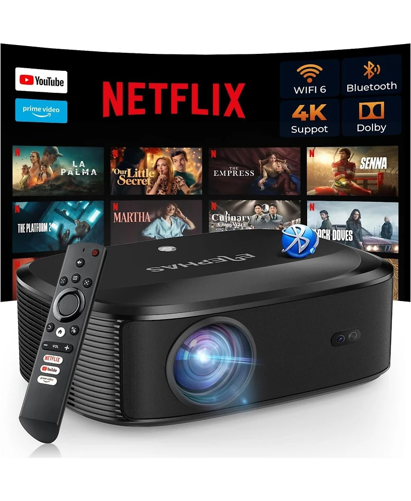 Elephas 4K Projector with Wifi and Bluetooth, Outdoor Movie Projector with Netflix/Prime Video/YouTube Built-in, 100,000+ Apps Supported