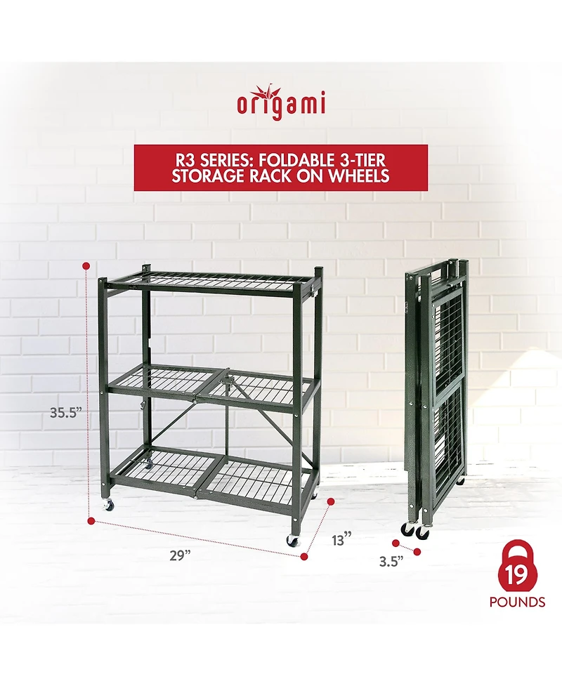 Origami R3 Foldable 3-Tiered Shelf Storage Rack & Wheels, Pewter (2 Pack)
