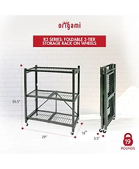 Origami R3 Foldable 3-Tiered Shelf Storage Rack & Wheels, Pewter (2 Pack)