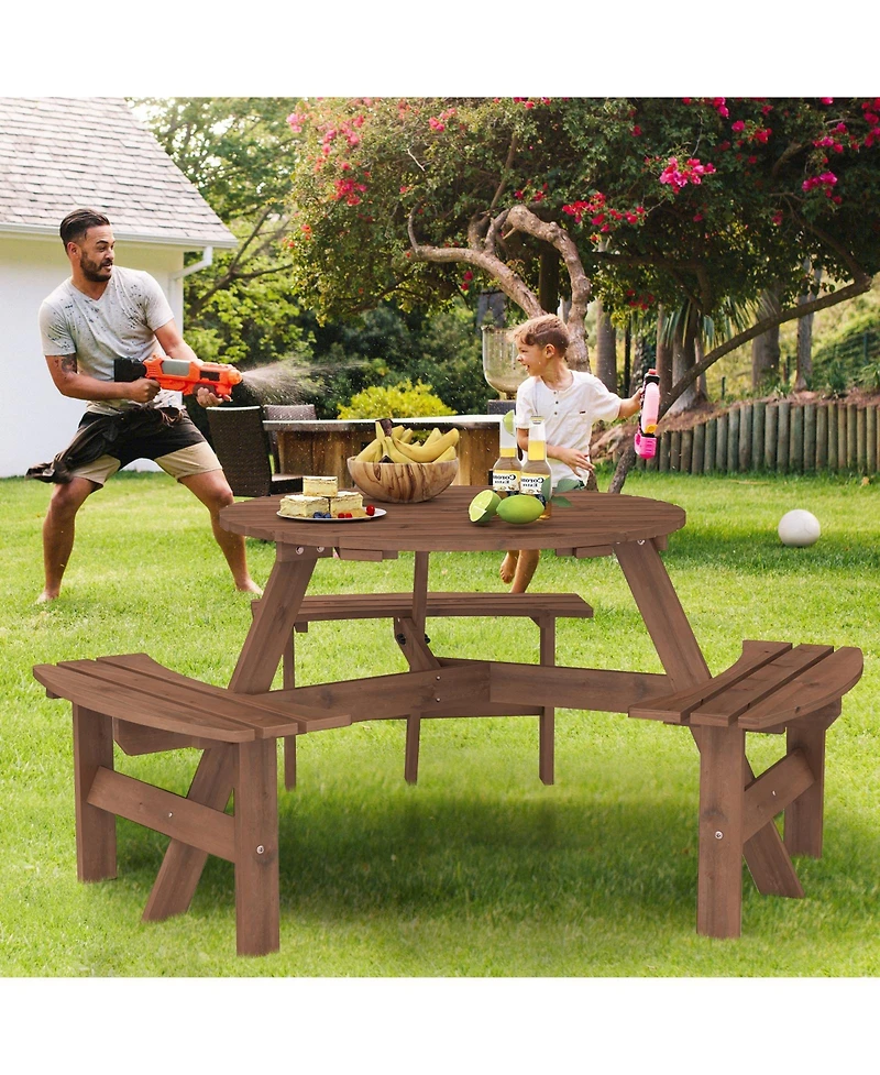 Gymax 6-Person Round Picnic Table Set w/ 3 Built-in Benches 2'' Umbrella Hole