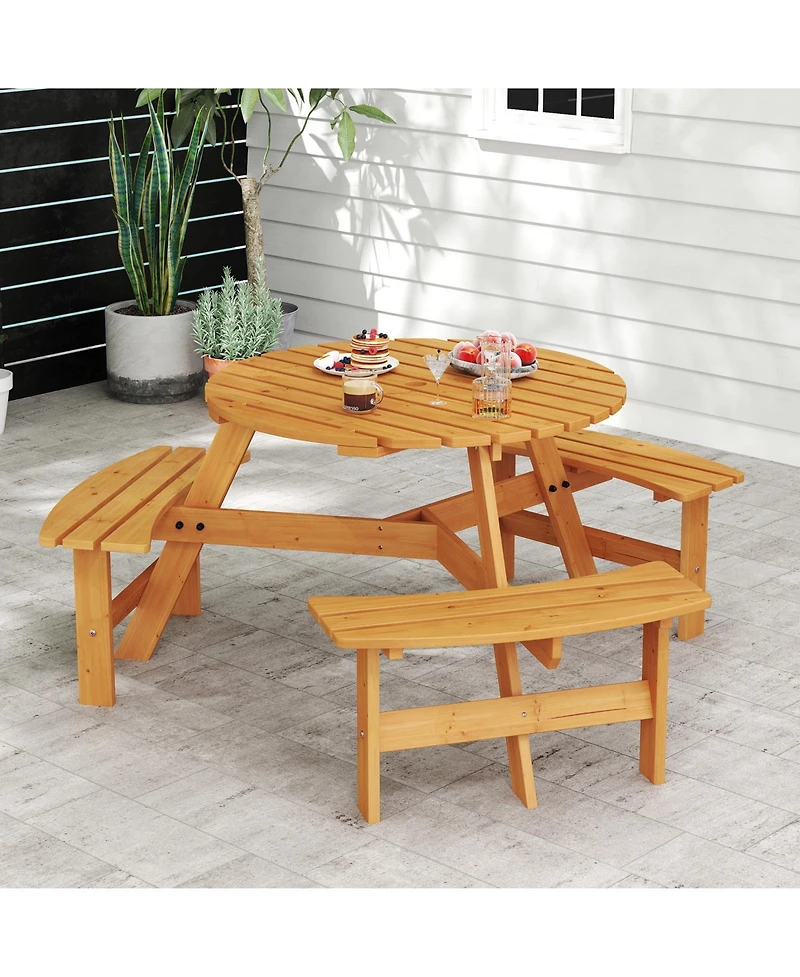Gymax 6-Person Round Picnic Table Set w/ 3 Built-in Benches 2'' Umbrella Hole