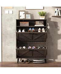 Casainc Storage Cabinet with Barn Door and 2 Flip Drawers, Freestanding Narrow Shoe Rack Hooks