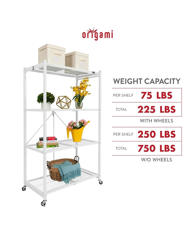 Origami Wheeled 4-Shelf Folding Steel Wire Shelving, White (21" x 36" x 60")