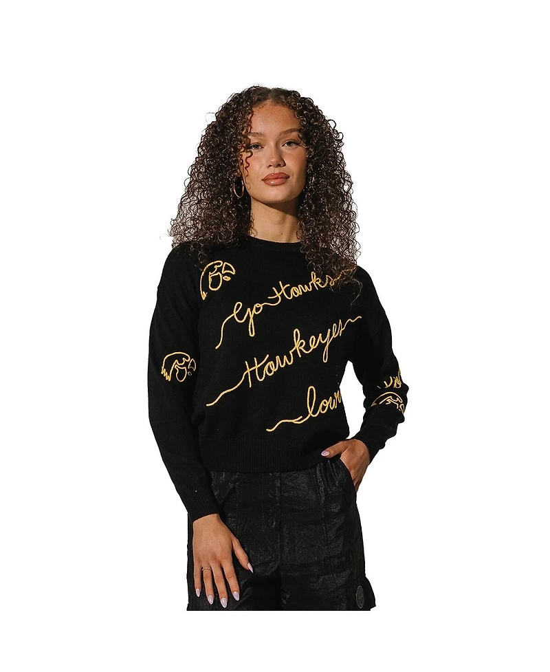 Kadyluxe Women's Black Iowa Hawkeyes Love Note Embroidered Pullover Sweater