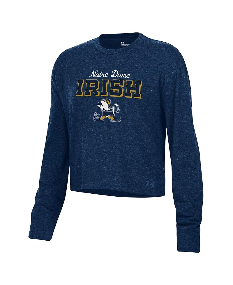 Under Armour Women's Heather Navy Notre Dame Fighting Irish Essentials Icon Ultra-Soft Cropped Long Sleeve Tri-Blend Performance T-Shirt