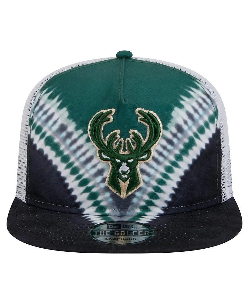 New Era Men's Black/Hunter Green Milwaukee Bucks Throwback Dye Golfer Snapback Hat