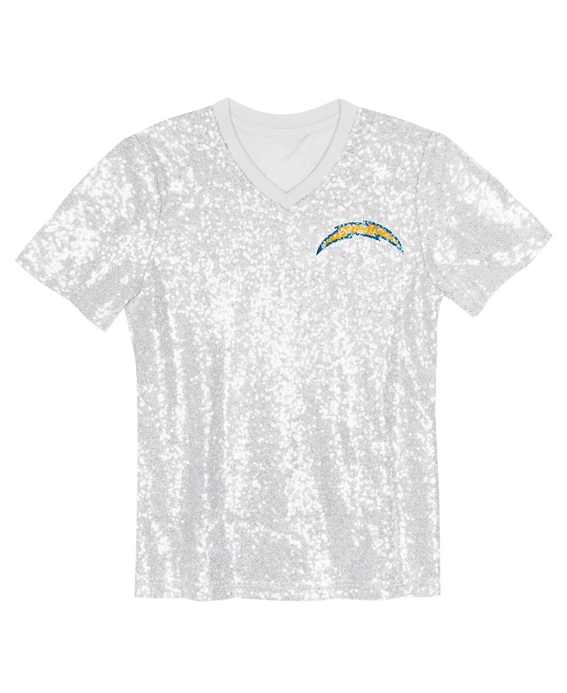 Outerstuff Big Girls White Los Angeles Chargers Wordmark Sequin V-Neck Top