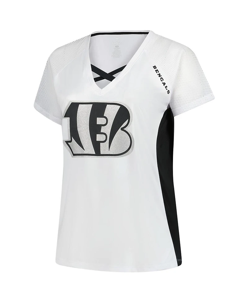 Fanatics Women's White Cincinnati Bengals Plus Glitter Lace-Up V-Neck T-Shirt