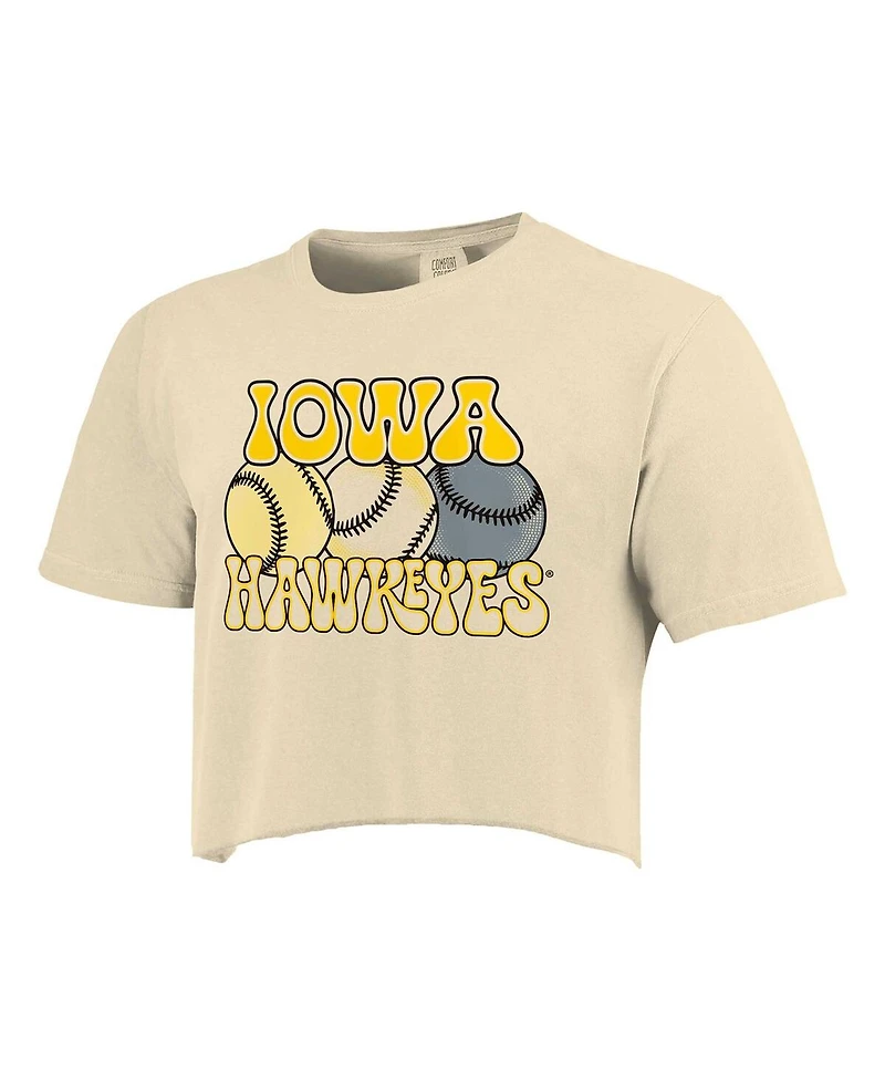 Image One Women's Natural Iowa Hawkeyes Comfort Colors Baseball Cropped T-Shirt
