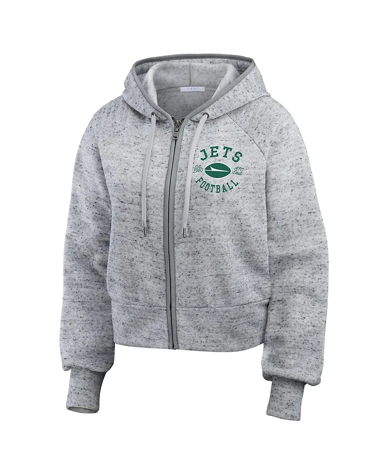 Wear by Erin Andrews Women's Heather Gray New York Jets Speckled Fleece Cropped Full-Zip Hoodie