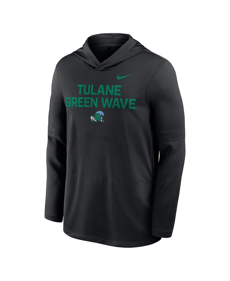 Nike Men's Black Tulane Green Wave Sideline Dri-fit Lightweight Hooded Sweatshirt