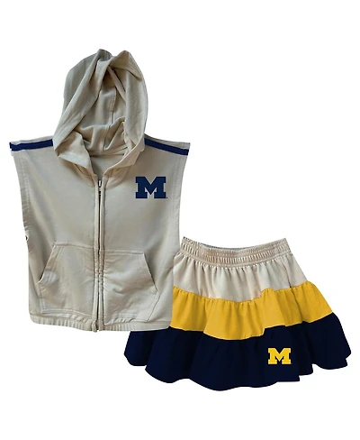 Wes & Willy Girls Toddler 2-Piece Tan Michigan Wolverines Tri-Blend Sleeveless Full zip Hoodie and Tiered Skirt Set