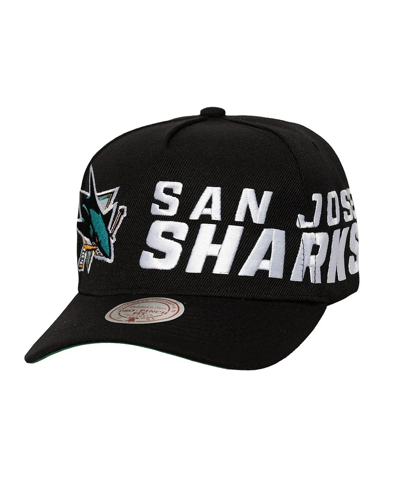 Mitchell & Ness Men's Black San Jose Sharks Busted Logo Wordmark Wrap-Around Pro Pinch Adjustable Hat