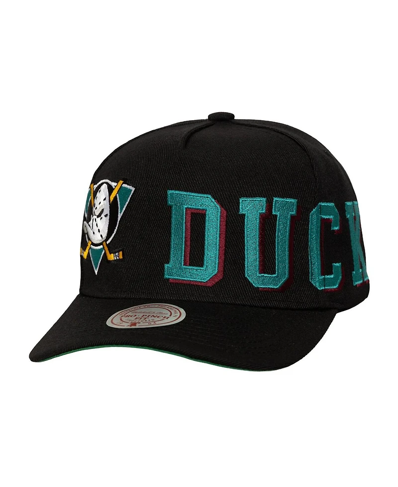 Mitchell & Ness Men's Black Anaheim Ducks Busted Logo Wordmark Wrap-Around Pro Pinch Adjustable Hat