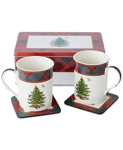 Spode Christmas Tree Tartan 5-Pc. Mug & Tin Coaster Set