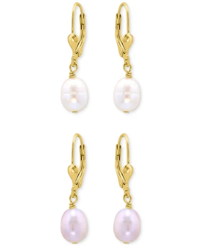 Giani Bernini 2-Pc. Set White & Pink Oval Cultured Freshwater Pearl Leverback Drop Earrings in 18k Gold-Plated Sterling Silver, Macy's Exclusive