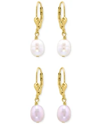 Giani Bernini 2-Pc. Set White & Pink Oval Cultured Freshwater Pearl Leverback Drop Earrings in 18k Gold-Plated Sterling Silver, Macy's Exclusive