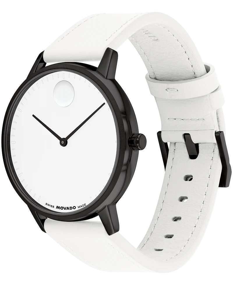 Movado Unisex Face Swiss Quartz White Leather Watch, 39mm