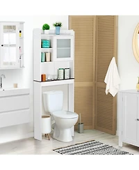 Vanirror White Over The Bathroom Storage Cabinet, Freestanding Wood Space-Saving Organizer with Glass Door & Adjustable Shelves