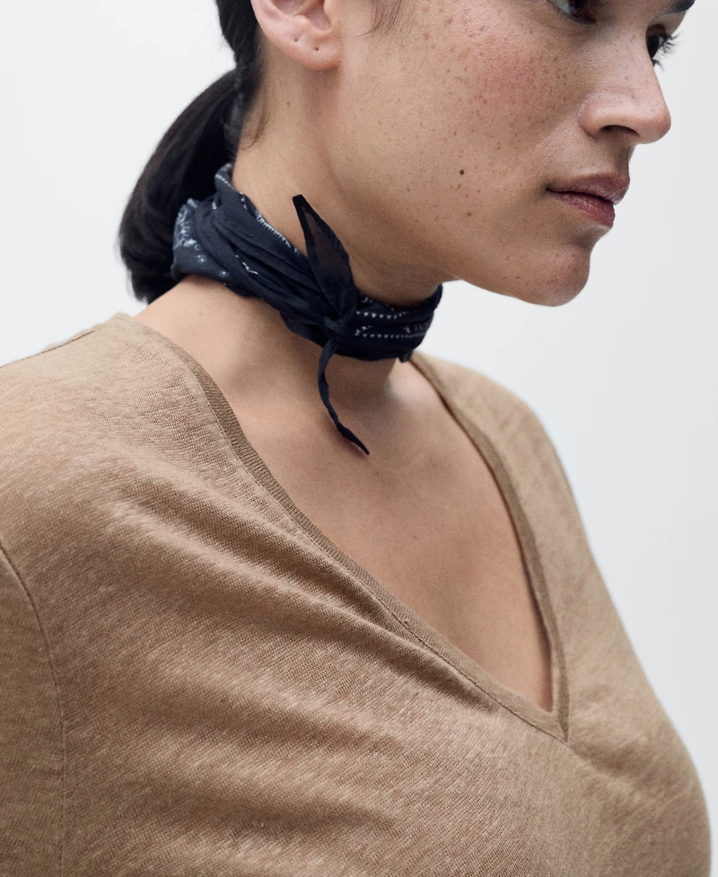 Mango Women's V-Neck Linen T-Shirt