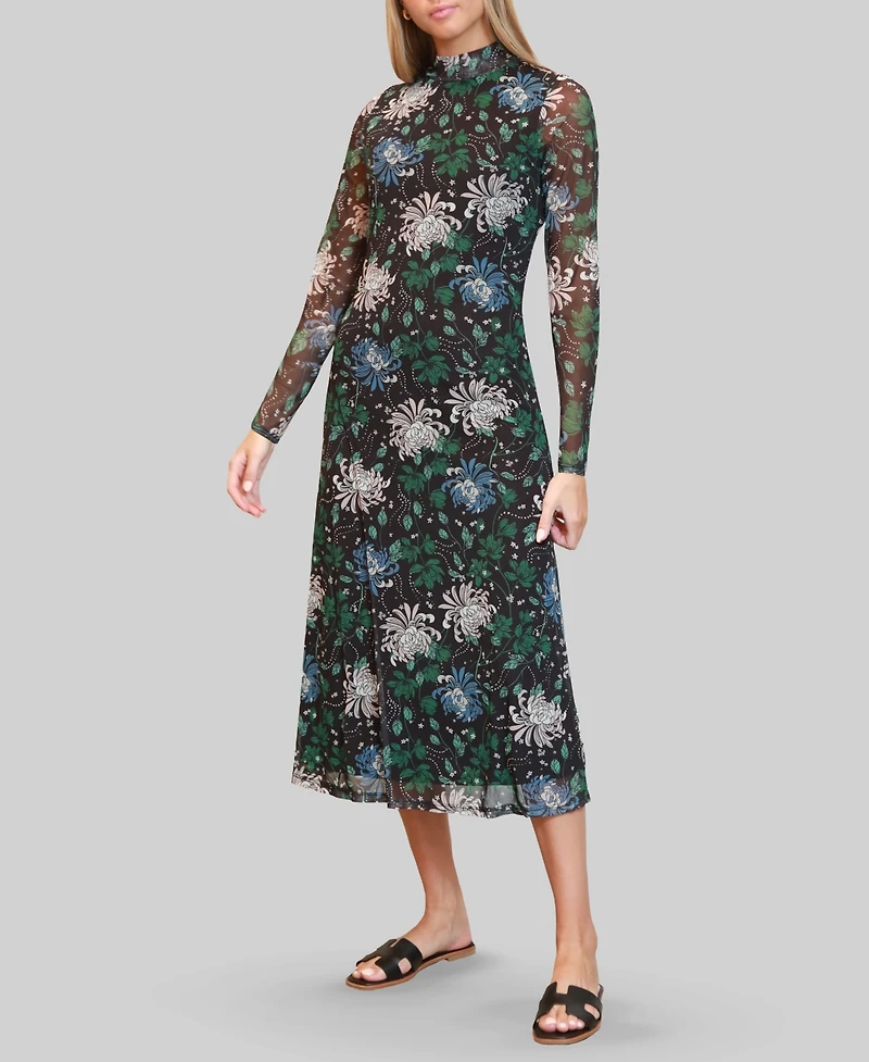 Almost Famous Juniors' Printed-Mesh Long-Sleeve Dress