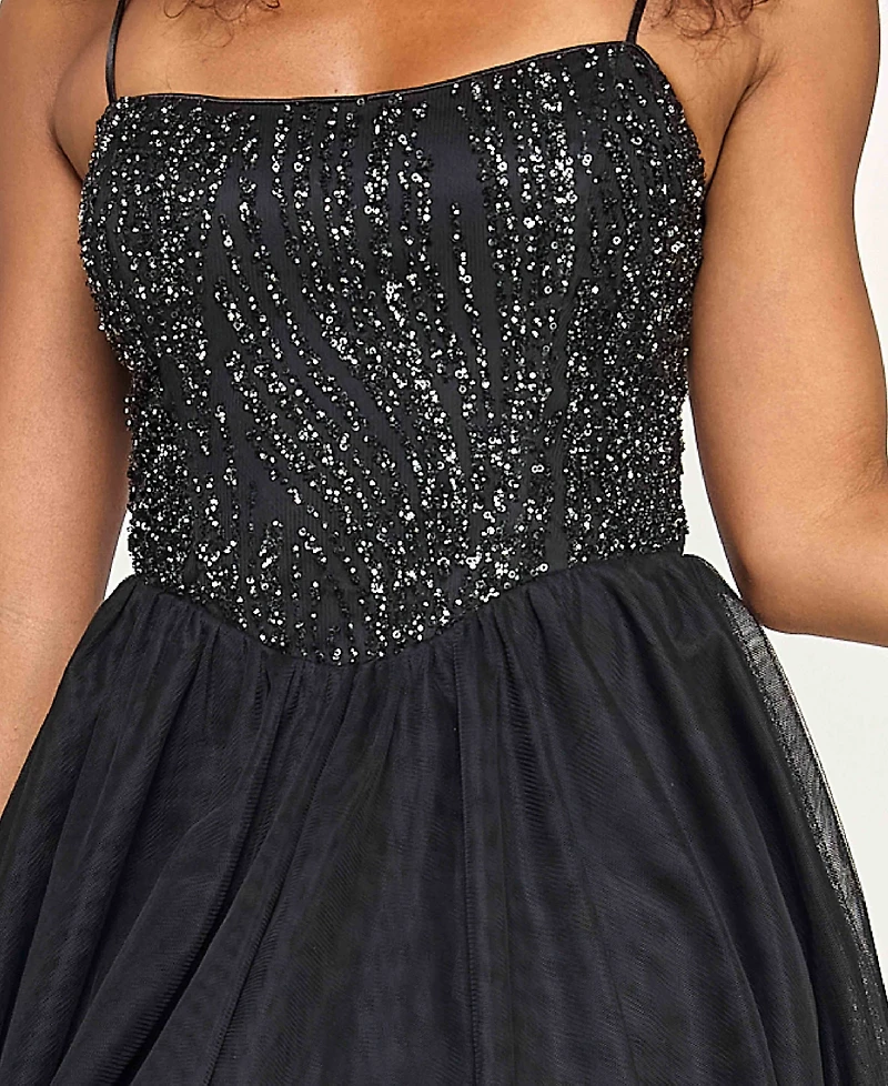 Seni & Cade Juniors' Sequin Top Tulle Bottom Short Dress