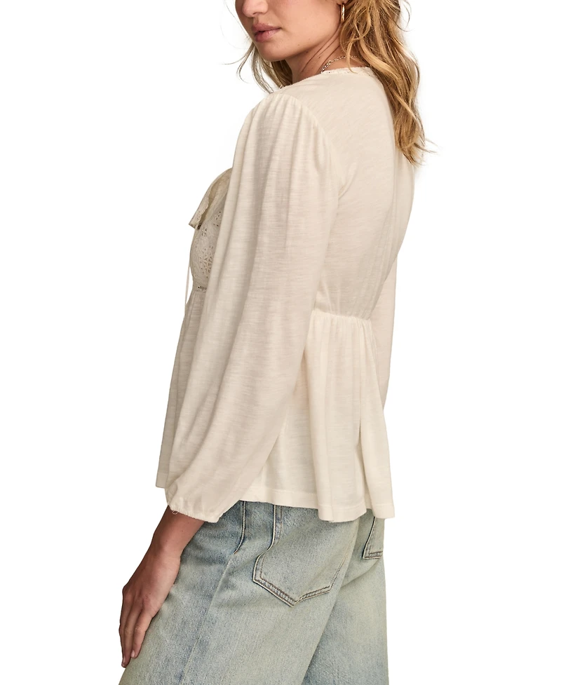 Lucky Brand Women's Embroidered Yoke Square Neck Top