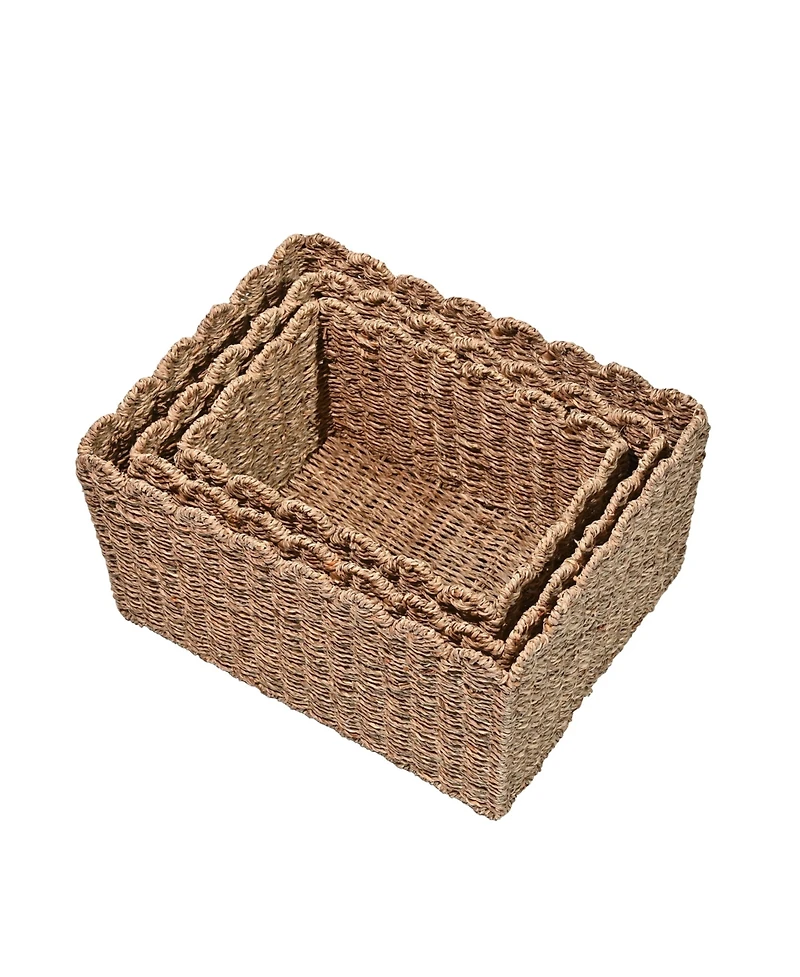 Happimess Arden Coastal Cottage Seagrass Scalloped Rectangular Organizing Storage Baskets (Set of 3)